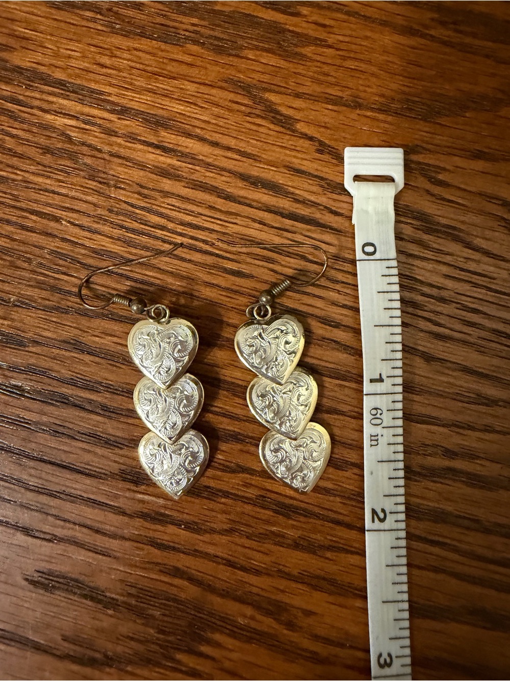 Vintage Gold Heart Drop Earrings - Three-Tier Filigree Hearts - Picture 3 of 3